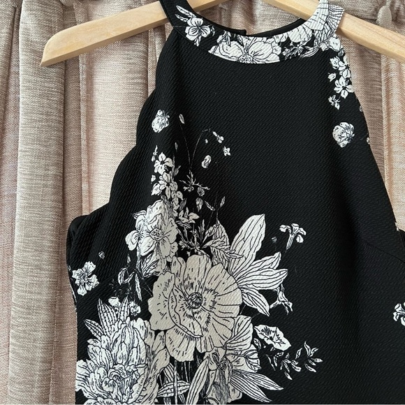 Aqua Black and White Floral Print High Neck Scallop Trim Fit & Flare Dress Large - Picture 6 of 14